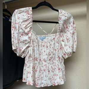 ANTONIO MELANI Floral Puff Sleeve Blouse in Cream and Red